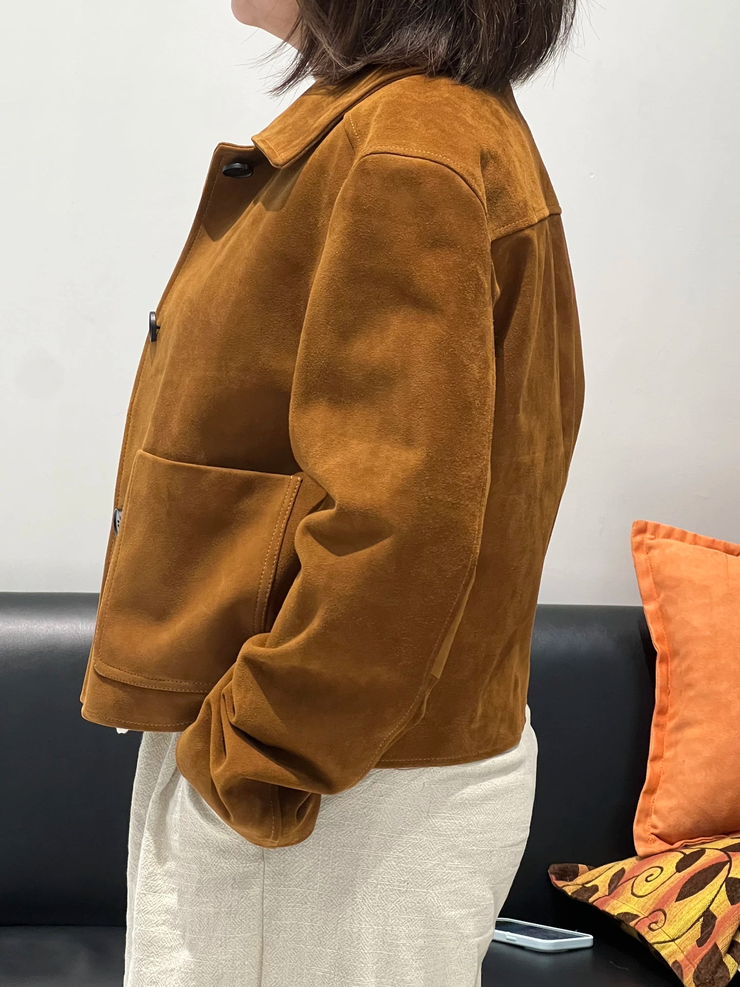 European Imported Kid Suede Leather Jacket for Woman High Grade Turn Down Collar Pocket Short Cropped Coat Long Sleeve Top Mujer