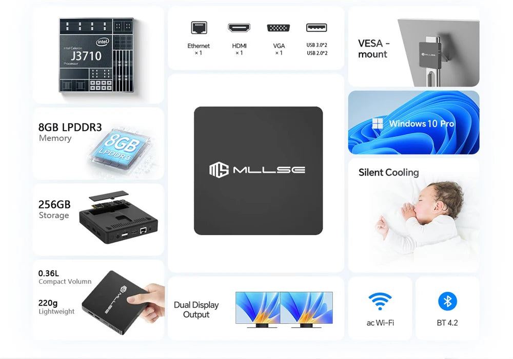 Mini PC MLLSE M2 Pro, processor Intel J3710, 8 GB RAM, ROM Go, Wi-Fi 5, BT 4.2, Windows 10 miniature desk computer