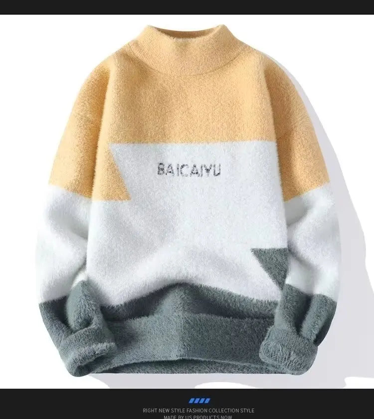 New Men's Plush Sweater Pullovers Korean Winter Warm O Neck Colorblock Sweater High Quality Cool Top Fashionable Men's Clothing