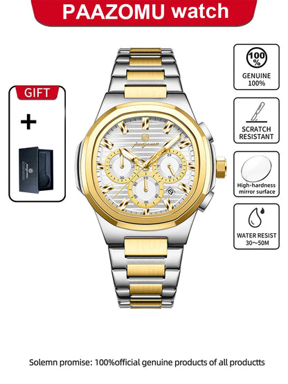 PAAZOMU Fashion Brand Man Wristwatch Waterproof Stainless Steel Luminous Men Watch Chronograph Date Luxury Quartz Men's Watches