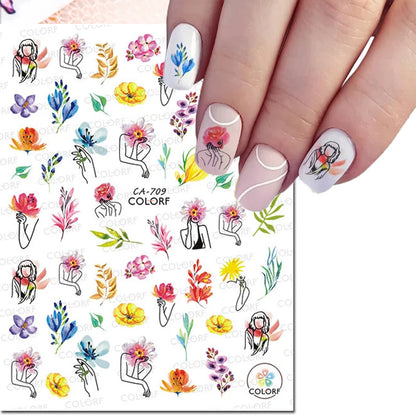 3d Nail Art Decals Watercolor Florals Purple Green Pink Flowers Leafs Fruit Adhesive Sliders Nail Stickers For Manicure
