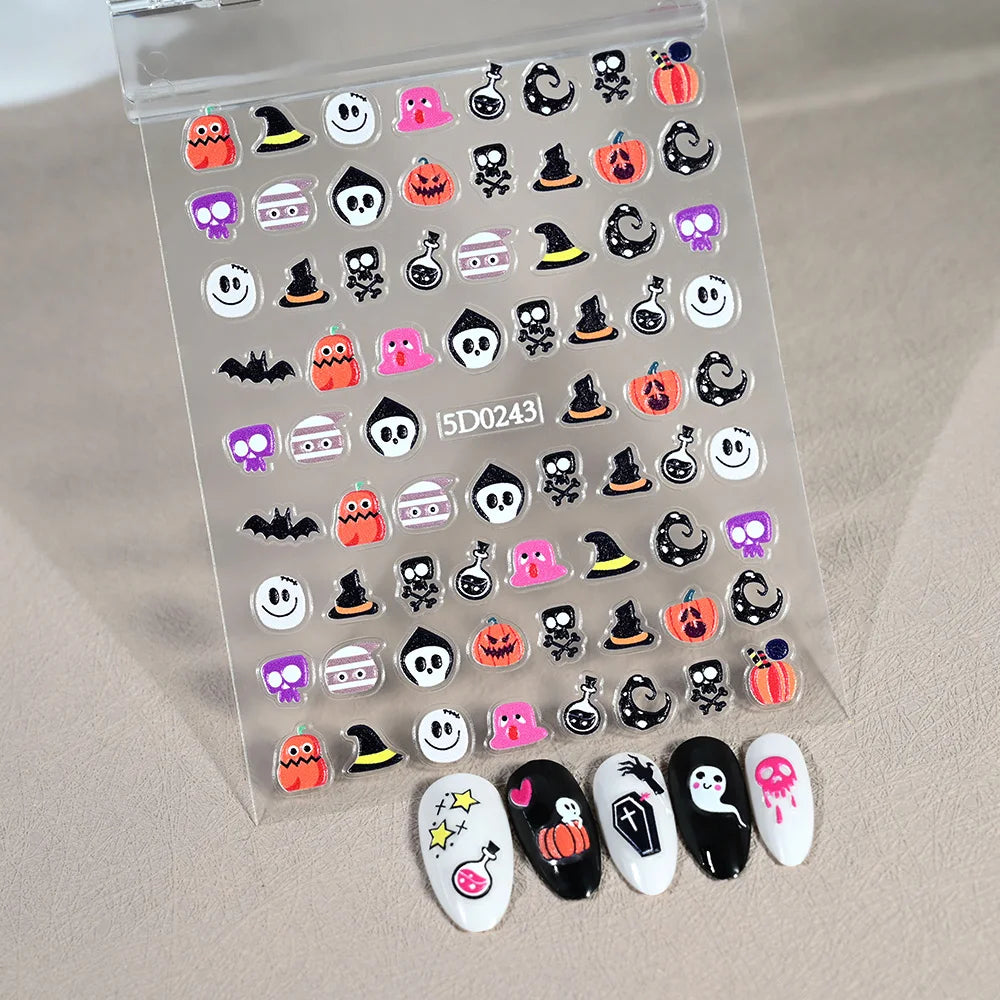 1sheet 5D Halloween Nail Stickers Pink/Green/Black Cartoon Pattern Nail Art Slider DIY For Sweet Cool Girl Cute Nail Decoration