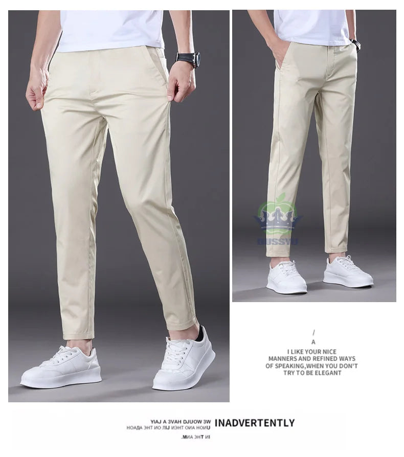 Summer High Quality Cotton Ankle Length Casual Pants Men Business Slim Elastic Waist Jogger Outdoors Korean Work Suit Trousers