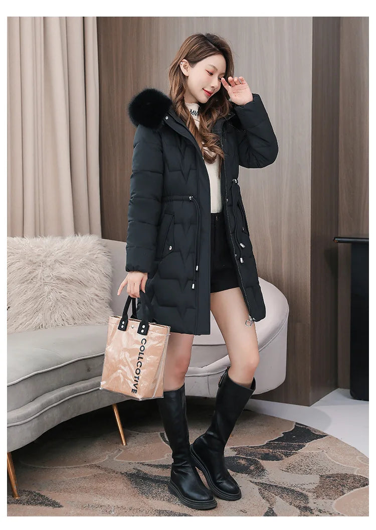 Hooded Women Parkas Coats Mid LenthJackets  Oversize Solid Fur Collar Zipper Drawstring Waist Loose Casual 2025 Autumn Winter