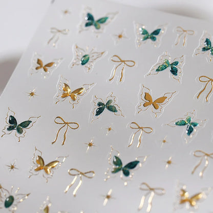 Shiny Jelly Butterfly Charming Golden Gradient Bowknot 5D Self Adhesive Nail Art Sticker Flower Petal Rhinestone Manicure Decals