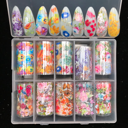 10 Patterns New Metal Nail Foils for Transfer Paper Stickers Floral Chameleon Nails Wraps DIY Water Marble Nail Art Decorations