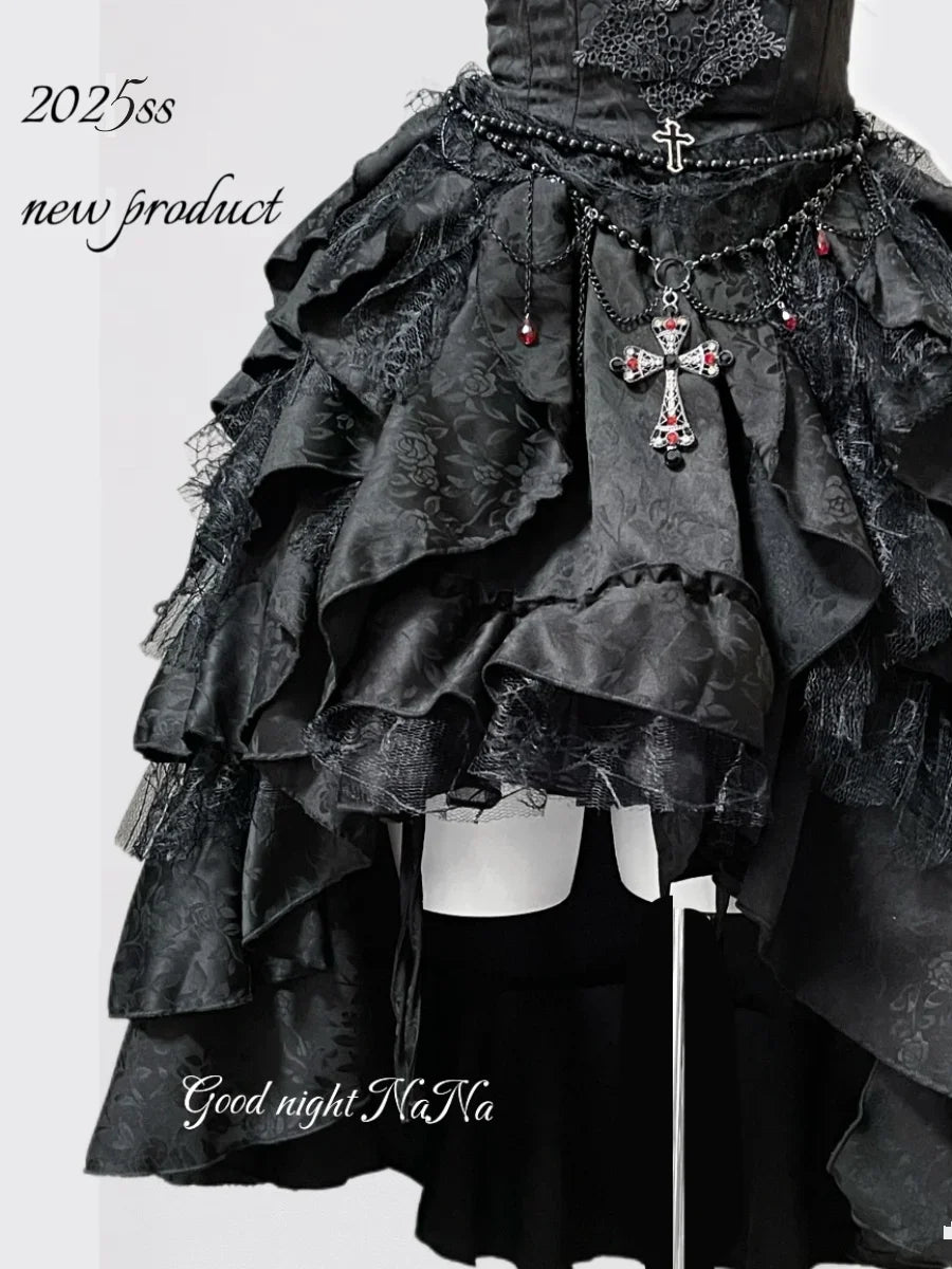 Gothic Dark Black Vintage Lace Blouse Retro Punk Light Lolita Short Sleeves Lace-up Slim Top and Multi Layers Skirt Set 2pcs Set