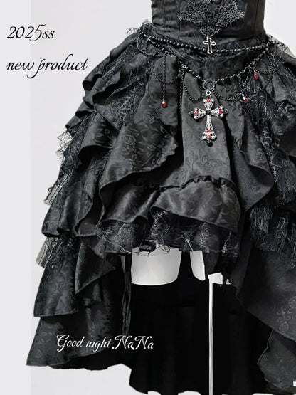 Gothic Dark Black Vintage Lace Blouse Retro Punk Light Lolita Short Sleeves Lace-up Slim Top and Multi Layers Skirt Set 2pcs Set