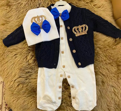 Dollbling Baby Boys' Knit Ribbed Romper Jumpsuit with Bodysuit and Hat 3pcs Set Newborn Cotton Knitted Sweater Romper Suit