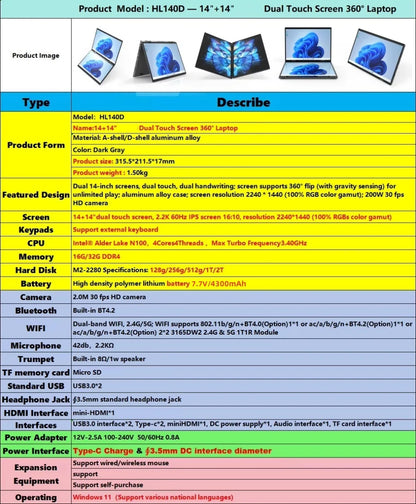 Intel N150 N100 CPU Dual Screen Laptop 14"+14 " 2K Touch Screen Notebook 32GB 360 Degree Flip Metal Case 2 in 1 Laptop Computer