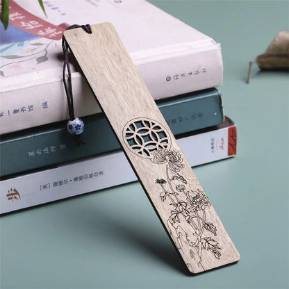 Chinese style wooden mahogany bookmark hollow window blossom plum orchid bamboo chrysanthemum lettering carving company Wen Chua