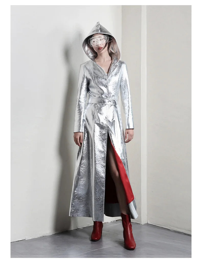 Lautaro Spring Autumn Extra Long Cool Silver Shiny Reflective Pu Leather Trench Coat for Women with Hood Luxury Runway Fashion
