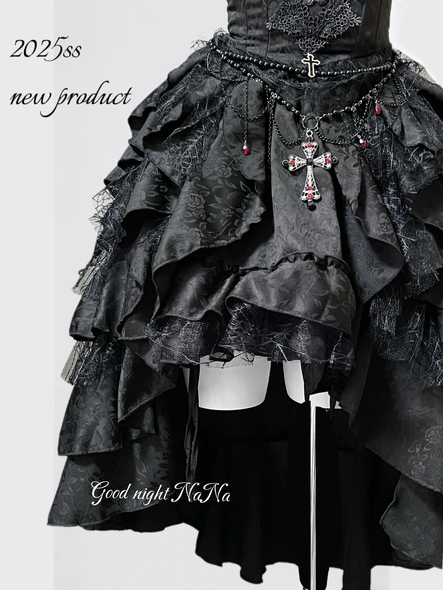Gothic Dark Black Vintage Lace Blouse Retro Punk Light Lolita Short Sleeves Lace-up Slim Top and Multi Layers Skirt Set 2pcs Set