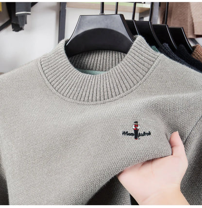 Light luxury brand round neck sweater knitted plush thicken warm pullover cartoon character embroidery fashion golf men's wear