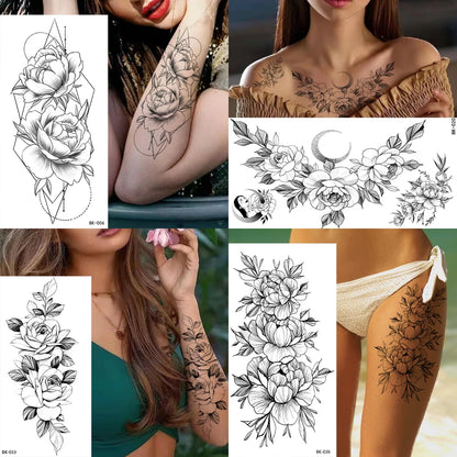 Waterproof Temporary Tattoo Sticker Flowers Roses Lilies Peonies Geometric Patterns Body Art Arm Fake Tattoos Sleeve Women Men