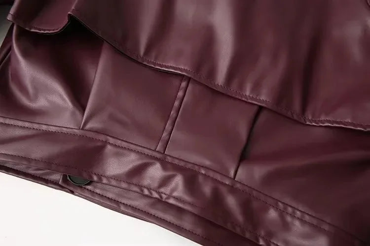 Vintage Lapel Leather Biker Jacket Women Bomber Jacket Short Coat Streetwear Zip Long Sleeve Windproof Outerwear Black Wine Red