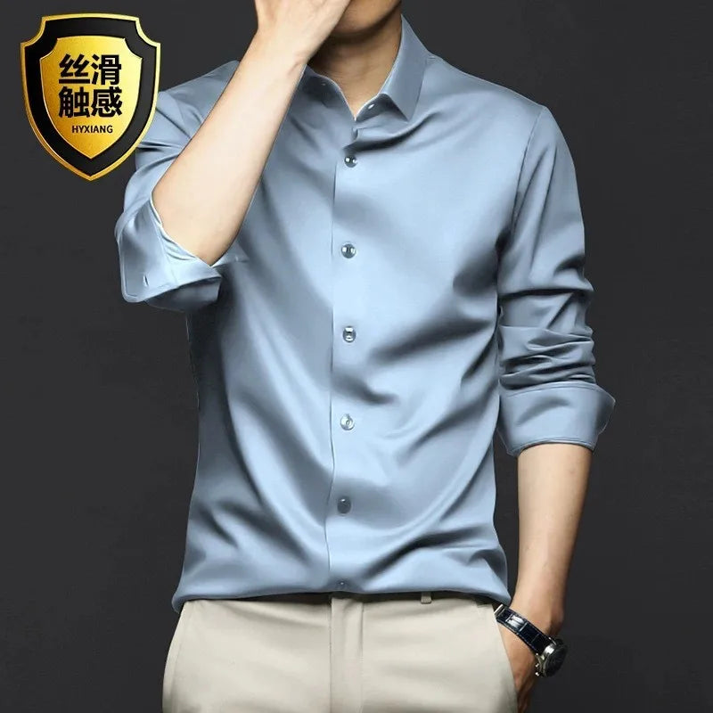 S-6XL Men's Long Sleeve Shirt Luxury Wrinkle Resistant Pure White Shirt Business Dress Casual Ice Silk Glossy Shirt