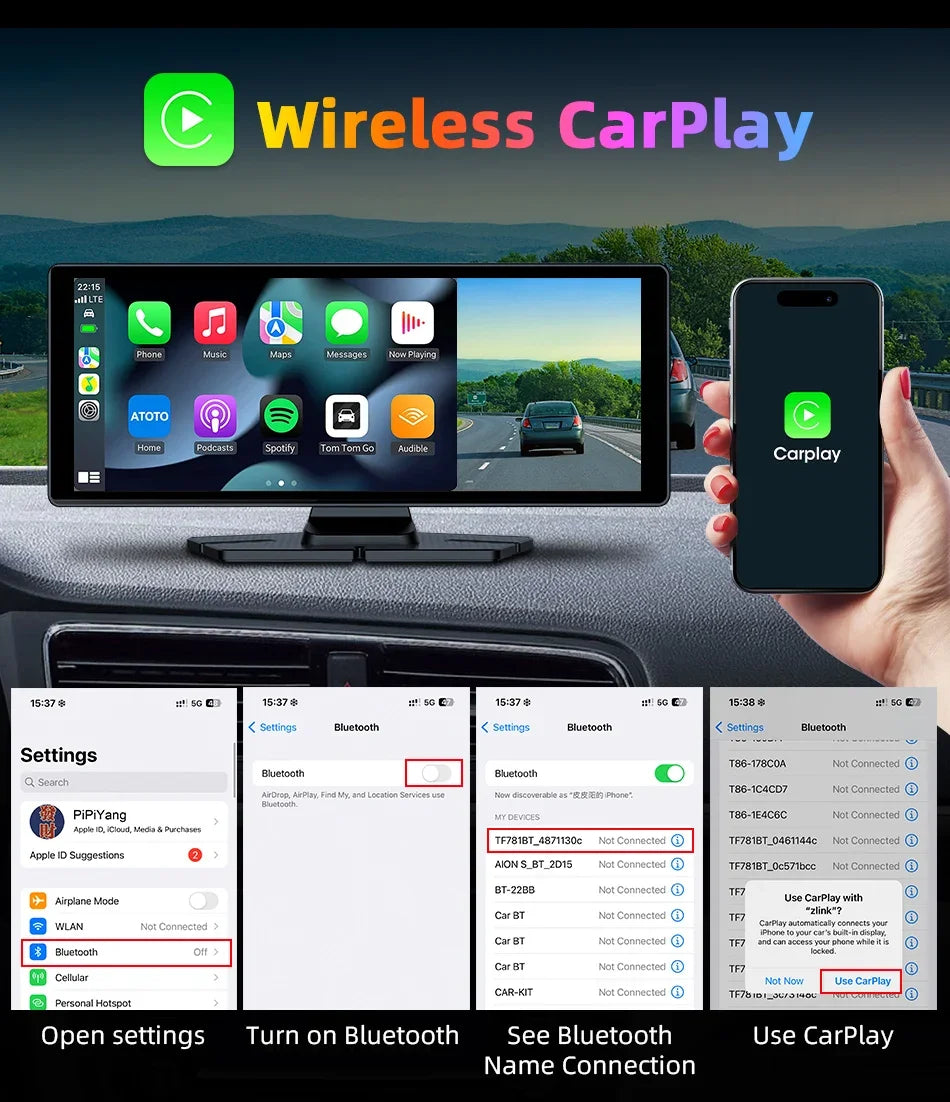 7"/10.26" 4K Dash Cam Wireless Carplay Android Auto 350° Rotating Lens Car DVR GPS Navigation Dashboard Video Recorder Bluetooth
