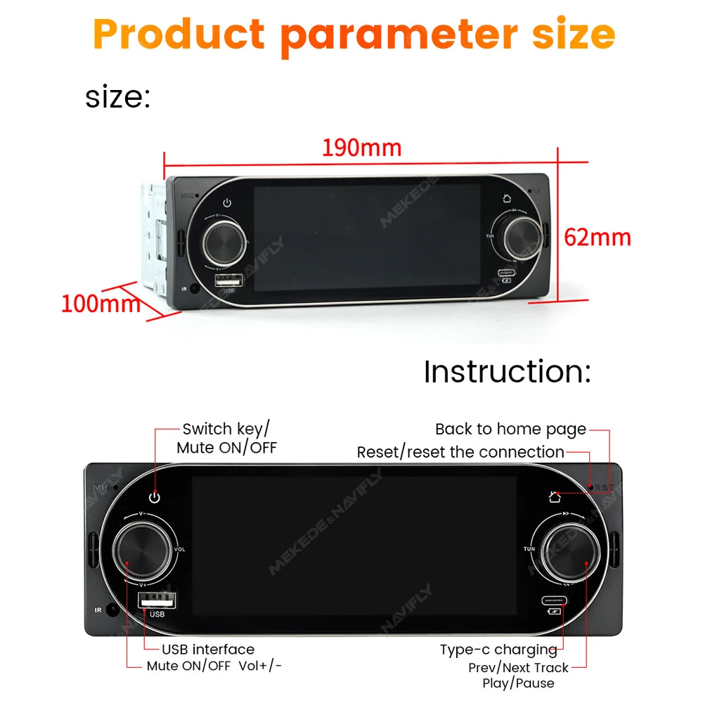 MEKEDE 6.86 Inch 1Din Carplay Android Auto Car Radio Multimedia Video MP5 Player With BT FM Stereo USB Type-C Plug Autoradio
