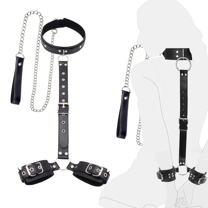 Bondage Restraint Kit Adjustable Collar & Wrist Cuffs Durable PU Leather Fetish Play Set for Adult Couples