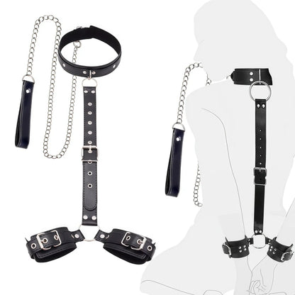 Bondage Restraint Kit Adjustable Collar & Wrist Cuffs Durable PU Leather Fetish Play Set for Adult Couples