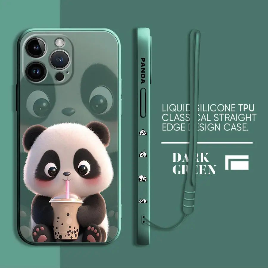 Cute Panda Phone Case for iPhone 11 13 16 Pro 14ProMax 15 Plus XS Max XR SE 8 7 12 Mini Silicone Cover Soft