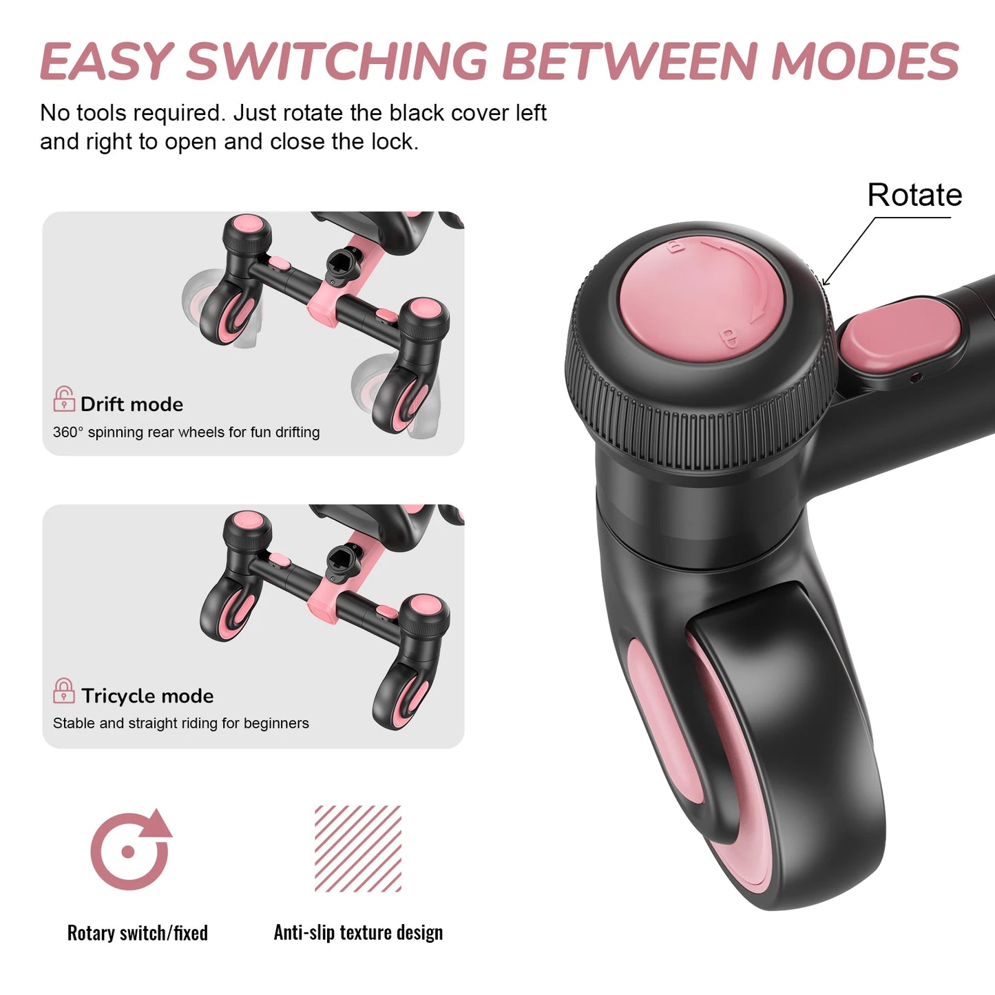 3-IN-1 Toddler Tricycle For 1.5-5 Years Old Drift Trike With 360° Spin Light Up Wheels Adjustable Seat Strong Frame Easy Assembly 3 Ride Modes Toddler Bike For Boys And Girls Indoor Outdoor Use White Pink Black Red