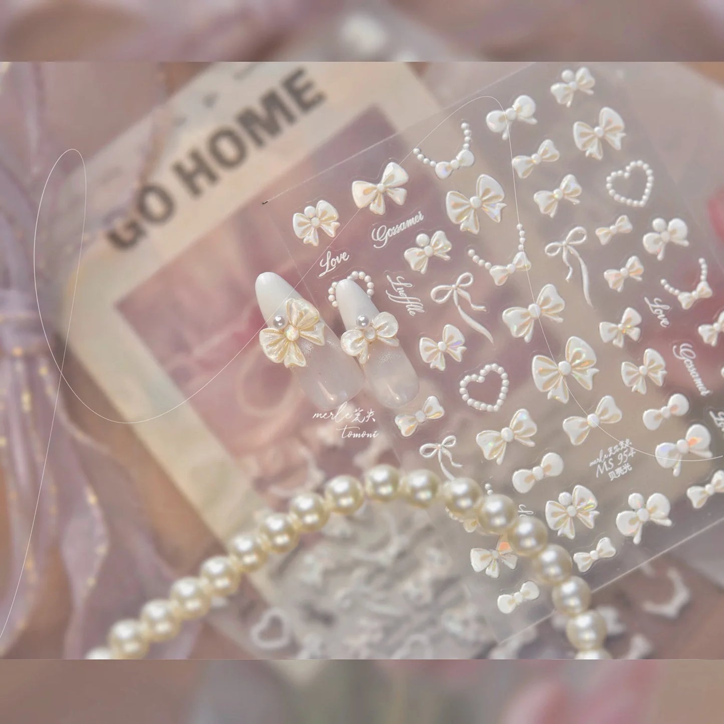Shell Light Nail Stickers Small Fresh White Bow Ribbon Nail Charms Stickers Self Adhesive Nails 3D Decorations Parts DIY Decals