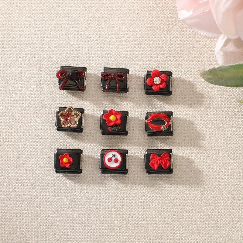 2025 New Original Black Red Stars Love Heart Bows Flower Italian Charm Link Fit 9mm Stainless Steel Jewelry DIY Making Bracelets