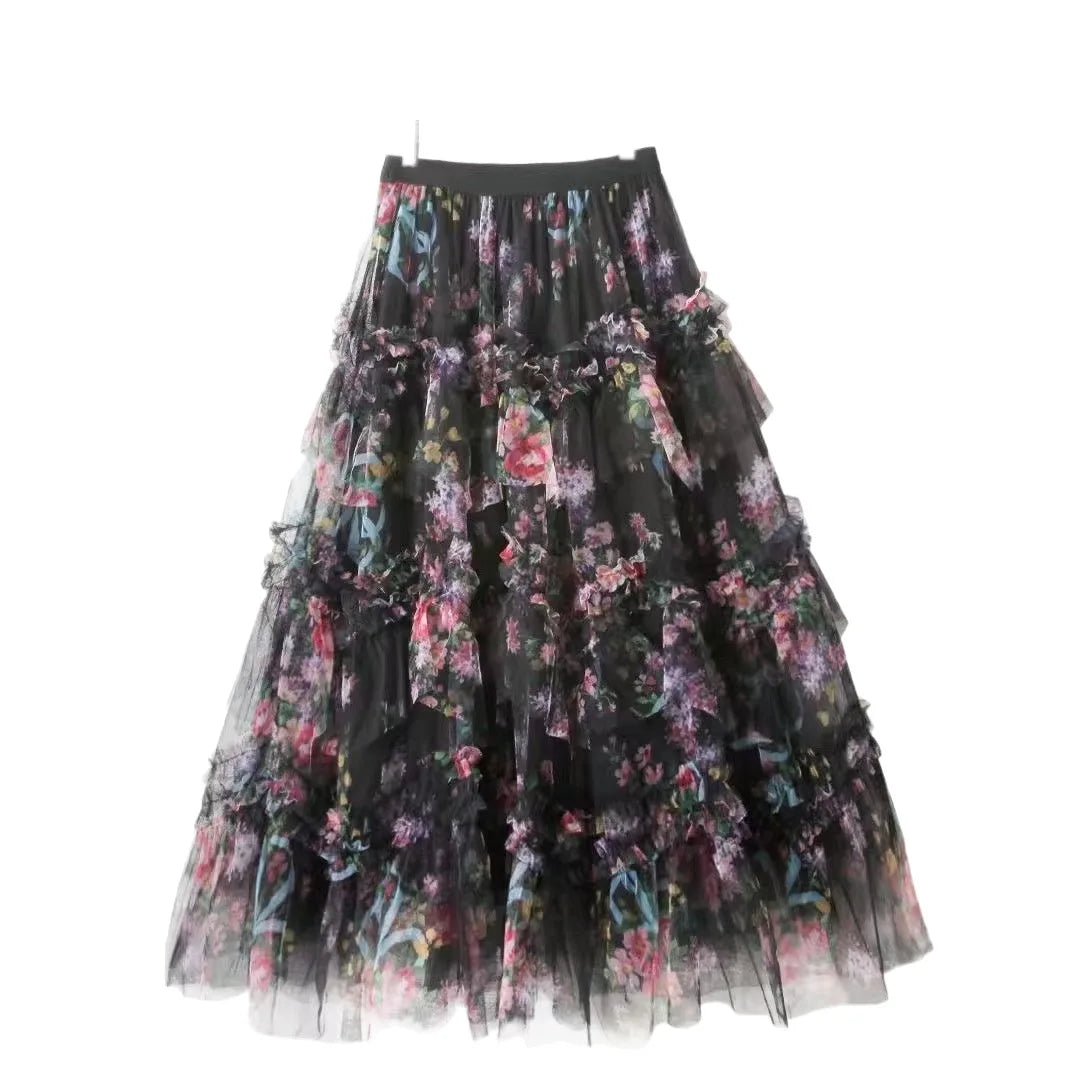 Faldas Y2k Elastic Waist Floral Print Mesh Skirt Women Summer Beach Vacation Style Versatile Stitching A-line Elegant Long Skirt