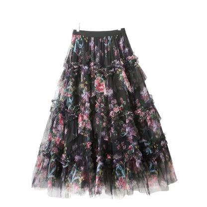 Faldas Y2k Elastic Waist Floral Print Mesh Skirt Women Summer Beach Vacation Style Versatile Stitching A-line Elegant Long Skirt