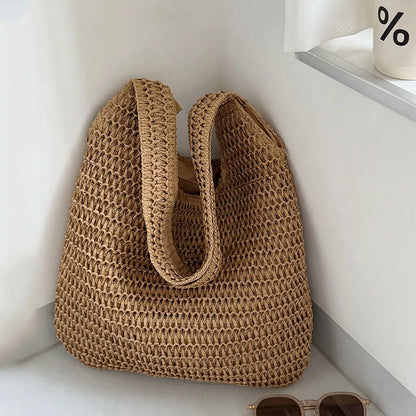 Fashion Rattan Women Shoulder Bags Woven Female Handbags Large Capacity Summer Beach Straw Bags Casual Tote Purses