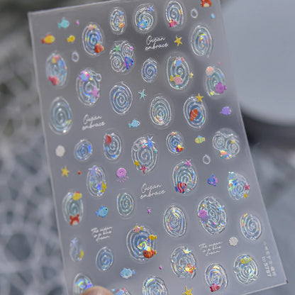 5D Summer Ocean Nail Stickers Seaside Vacation Colorful Fish Bubble Starfish Little Octopus Nail Decal Fresh Sea Manicure Decor
