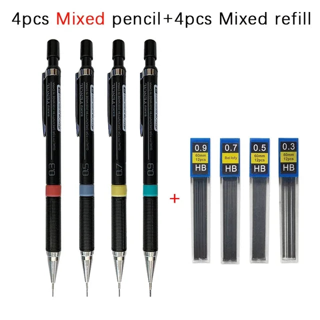 Mechanical Pencil with Refill Rods Set 0.3mm 0.5mm 0.7mm 0.9mm Automatic Pencil Replaceable Leads Office School Stationery Gift