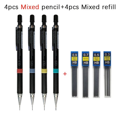 Mechanical Pencil with Refill Rods Set 0.3mm 0.5mm 0.7mm 0.9mm Automatic Pencil Replaceable Leads Office School Stationery Gift