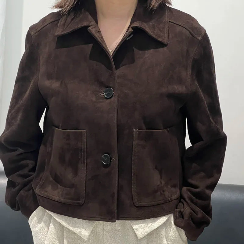 European Imported Kid Suede Leather Jacket for Woman High Grade Turn Down Collar Pocket Short Cropped Coat Long Sleeve Top Mujer