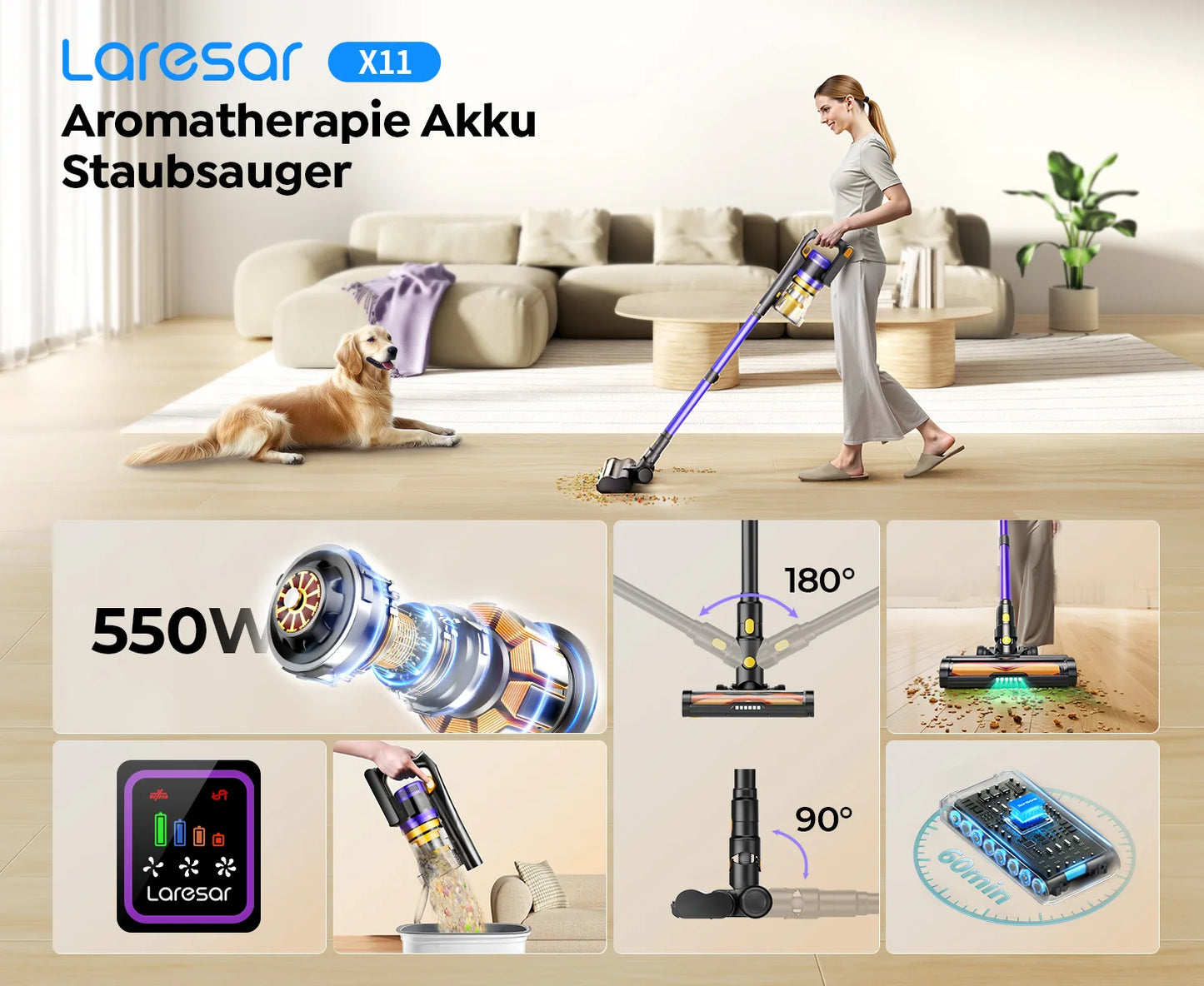 Laresar X11 Wireless Vacuum Cleaner 550W 55000Pa Suction Power Handheld Smart Home Dust Cup 60 Minutes Runtime 3 Piece Filter Set