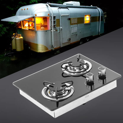 RV Gas Stove 2 Burners 1.8Kw Power Tempered Glass Panel Easy to Clean Gas Cook Top for Boat Caravan Camper