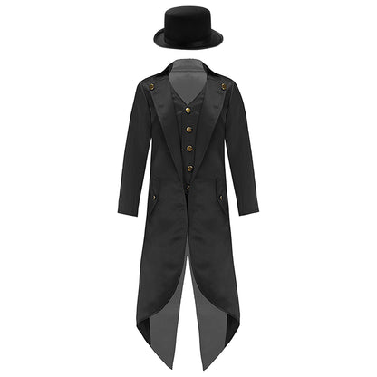 Kids Boys Vintage Steampunk Tailcoat Jacket Halloween Costume Gothic Medieval Clothes Court Uniform Magician Ringmaster Cosplay