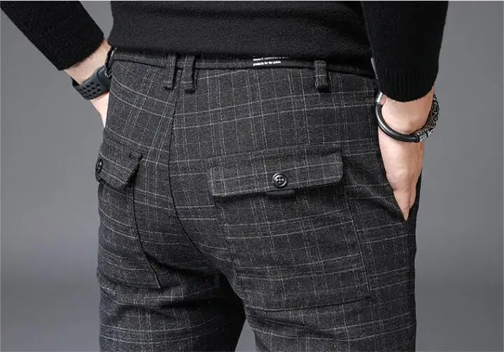 2026 Black Pants Men Plaid Trousers, Spring / Autumn New Fashion Slim Pants Men Gray Stripe Slacks 28-38 Pantalones Hombre