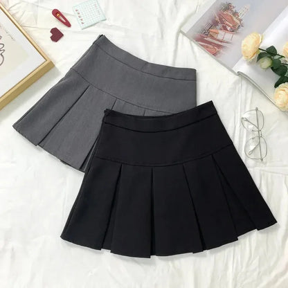 2025 New Black and Grey Pleated Skirt Women High Waist Mini Vintage Solid Skirts Korean Fashion School Uniform Streetwear