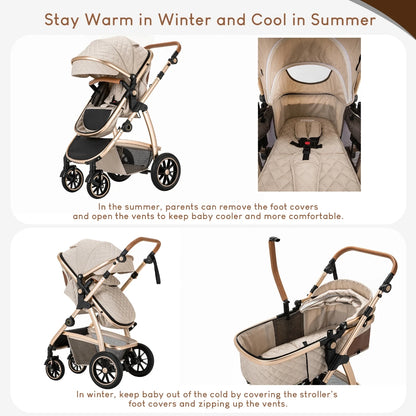 Baby Stroller 3 in 1 Easy Folding Multifunctional Stroller Travel Portable Baby Carriage Safety Seat EU Standard Aluminum Frame
