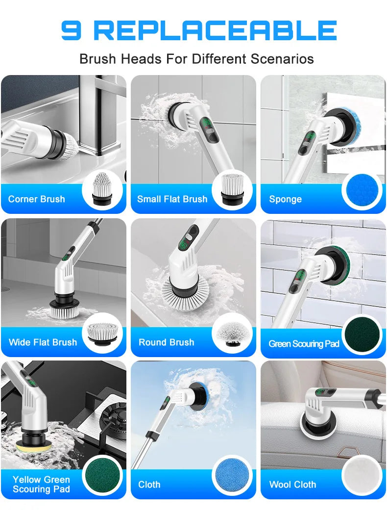 TINSOL 9-in-1 Multi-Function Electric Cleaning Brush Adjustable Automatic Rotating Scrubber Kitchen & Bathroom Cleaning Brush