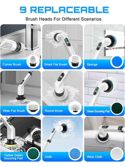 TINSOL 9-in-1 Multi-Function Electric Cleaning Brush Adjustable Automatic Rotating Scrubber Kitchen & Bathroom Cleaning Brush