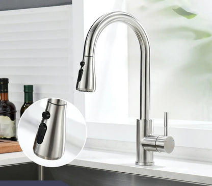 Kitchen Faucets Brushed Nickel Pull Out Kitchen Sink Water Tap Deck Mounted Mixer Stream Sprayer Head Hot Cold Taps Sliver