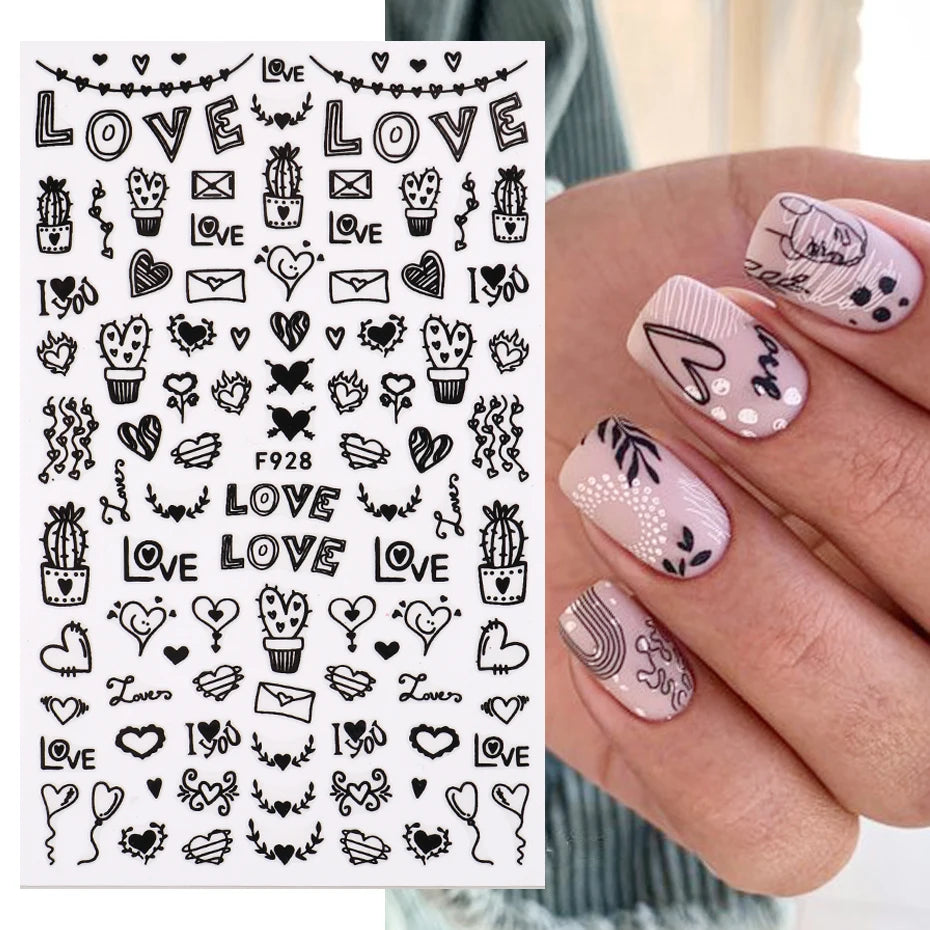 Black and White Love Flowers Line Art 3D Stickers Nail Decals Nail Art Accessories Butterfly Rose Nail Stickers Nail Sliders