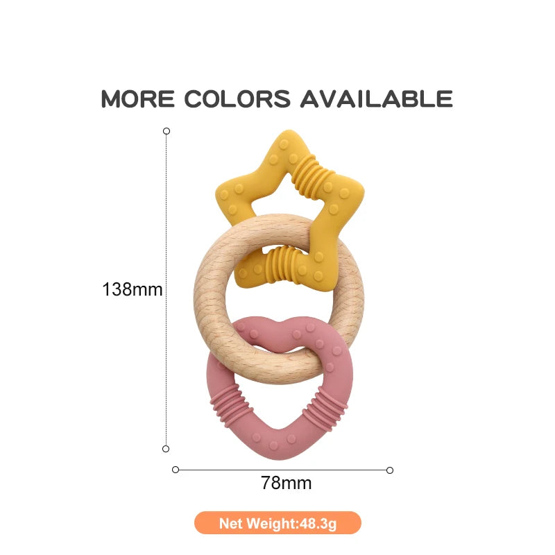 Silicone Star and Heart Teether with Teething Wooden Ring Baby Rattle Toy