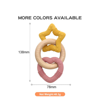 Silicone Star and Heart Teether with Teething Wooden Ring Baby Rattle Toy