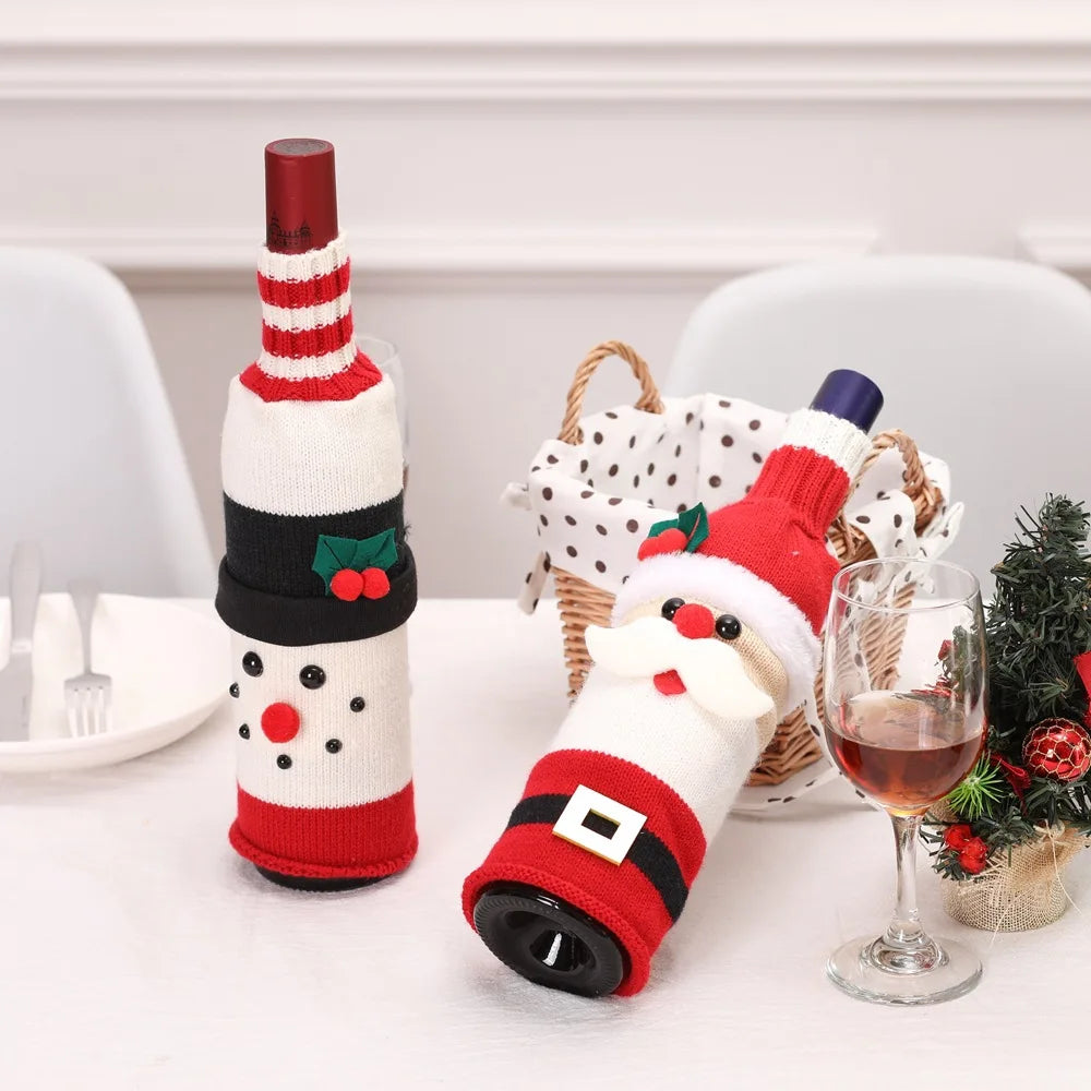 2024 Christmas Knitted Wool Red Wine Bottle Cover Ornament Table Dress Up Home Christmas Decor Hotel Restaurant Festivals Decor