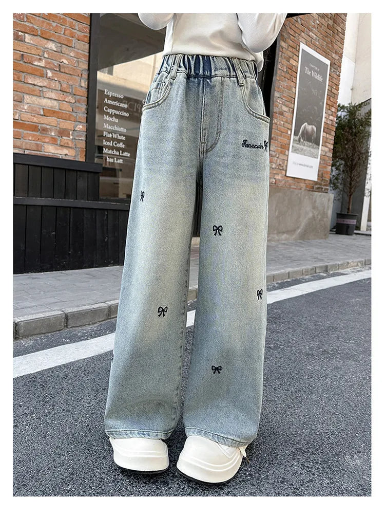 New 4-14 Years Spring Autumn Teenage Girls Jeans Full Print Bow Embroidery Fashion Wide-leg Denim Pants For Kids
